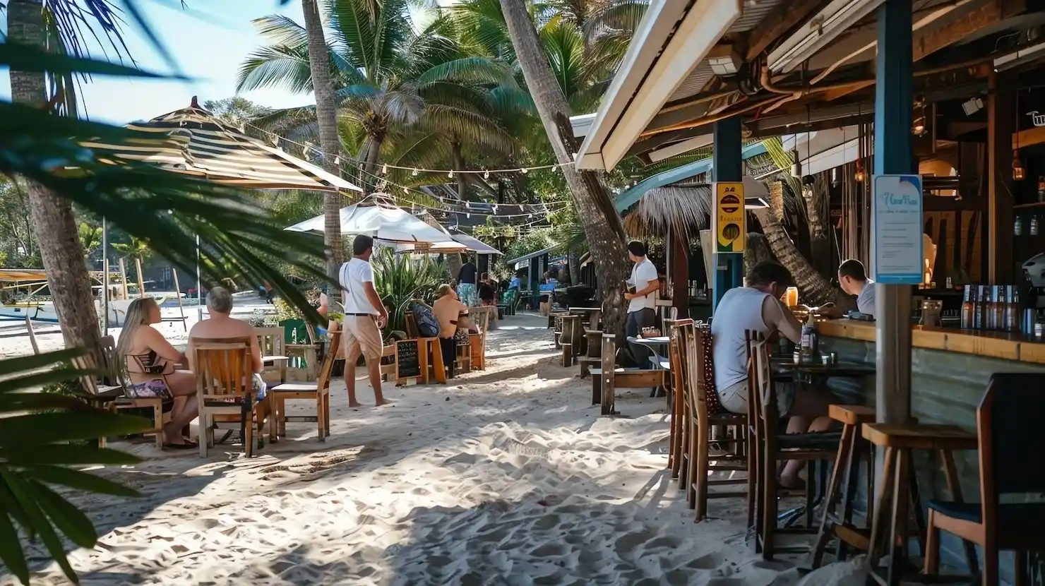 turistas en un restaurante en la playa san luis