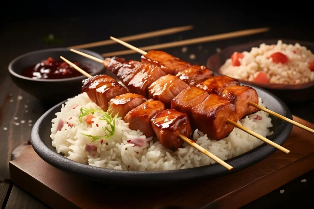 tres pinchos de pollo con arroz platillos que ofrece palaya marrakech