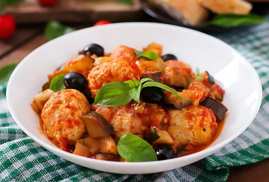 plato de albóndigas con aceitunas